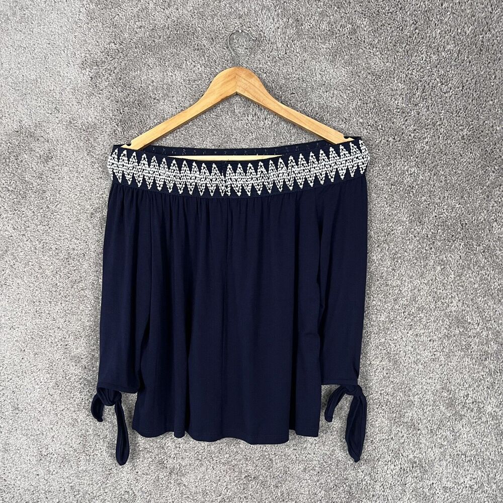 Pebble and Stone Shirt Womens Small Blue Embroidered Elastic Off Shoulder Top